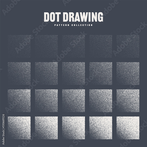 Square shaped dotted objects, stipple elements. Stippling, dotwork drawing, shading using dots. Pixel disintegration, halftone effect. White noise grainy texture. Fading gradient. Vector illustration