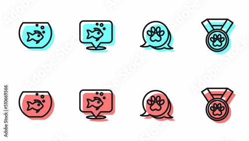 Set line Paw print, Aquarium with fish, Fish and Pet award symbol icon. Vector