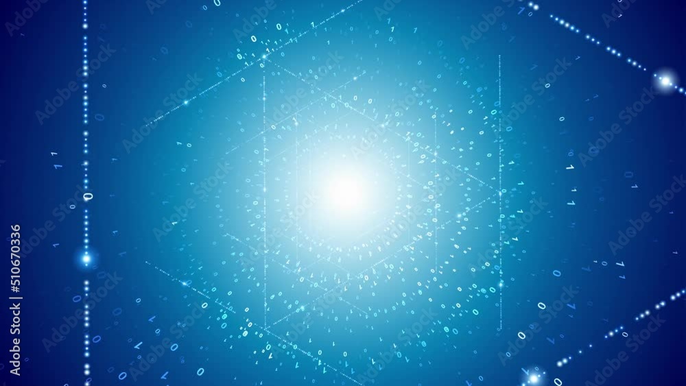 Looping digital binary data triangle network cyberspace rotation. Copy space animation.