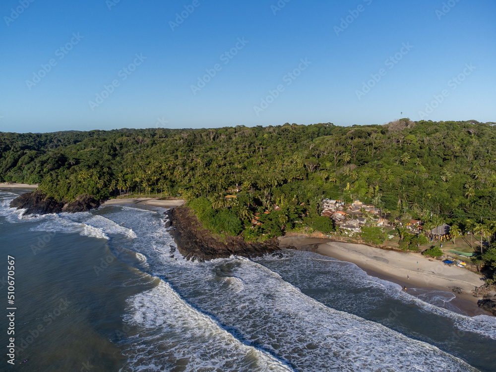 Aerial view of a deserted paradise beach amidst the nature of the Atlantic Forest