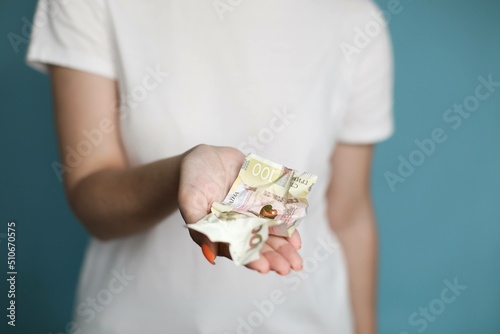 female hand holding crumpled ukrainian hryvnia