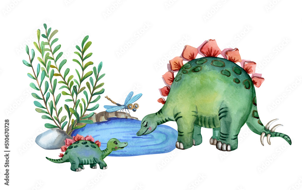 Obraz premium Watercolor dino lake. Green dinosaur family. Cute stegosaurus mother, baby