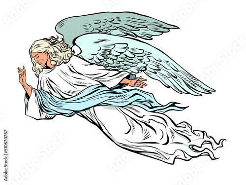 male angel flying, christian religious creature. Symbol of grief and sadness