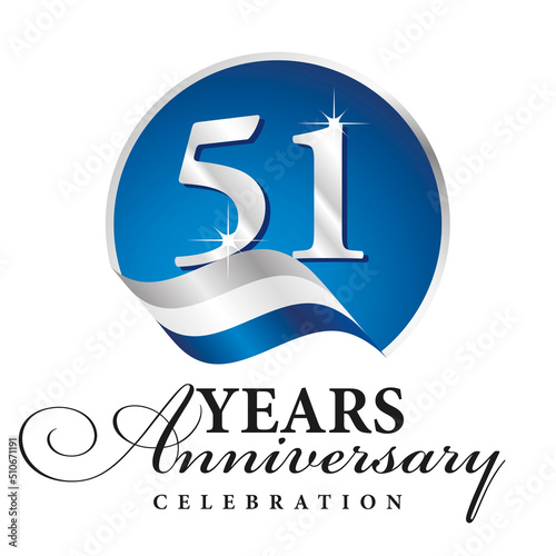 Anniversary 51 years celebration logo silver white blue ribbon background