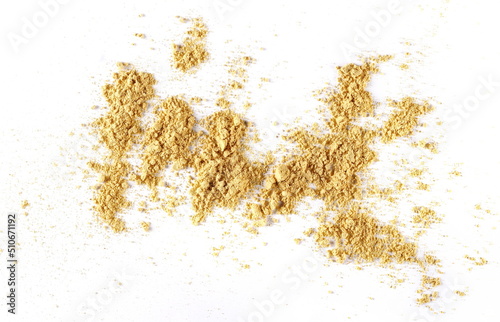 Ginger powder isolated on white, top view, Zingiber officinale
