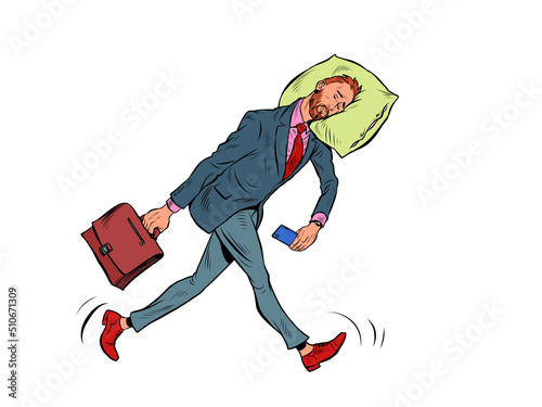 A tired businessman sleeps on the move. Goes to work in the morning with his head on a pillow