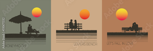 Lovers on bench at sunset. People in love. Colorful retro t-shirt set
