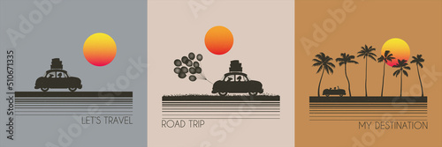 People in fictional car. Road trip. Summer vacation. Retro t-shirt set