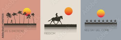 Girl on horse. Running woman. Morning yoga. Outdoor sports. Retro set