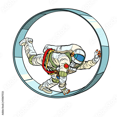 An astronaut in a squirrel wheel. Routine monotonous work. A man in captivity of his affairs