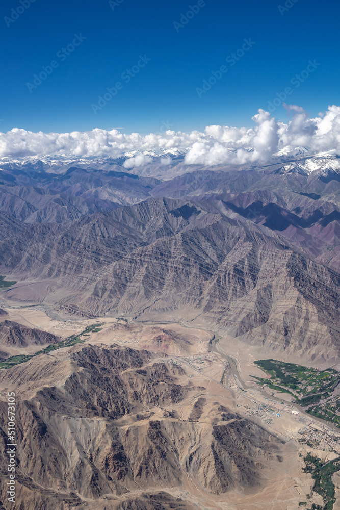 Aerial view of the himaraya mountain ranges in Ladakh, India