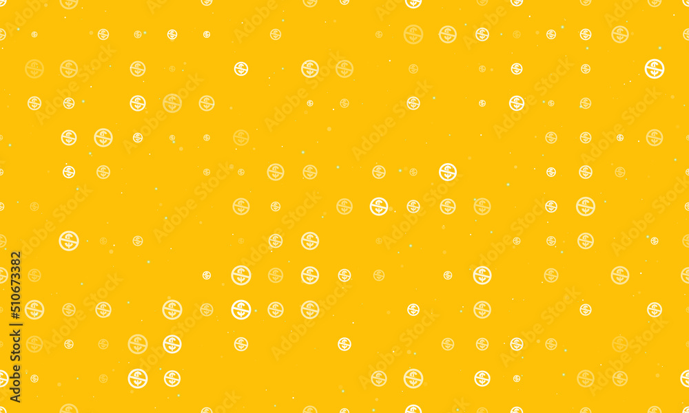 Seamless background pattern of evenly spaced white no dollar symbols of different sizes and opacity. Vector illustration on amber background with stars