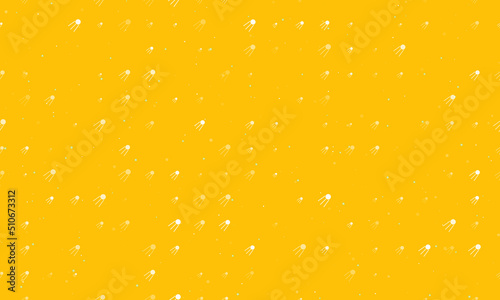 Seamless background pattern of evenly spaced white satellite symbols of different sizes and opacity. Vector illustration on amber background with stars