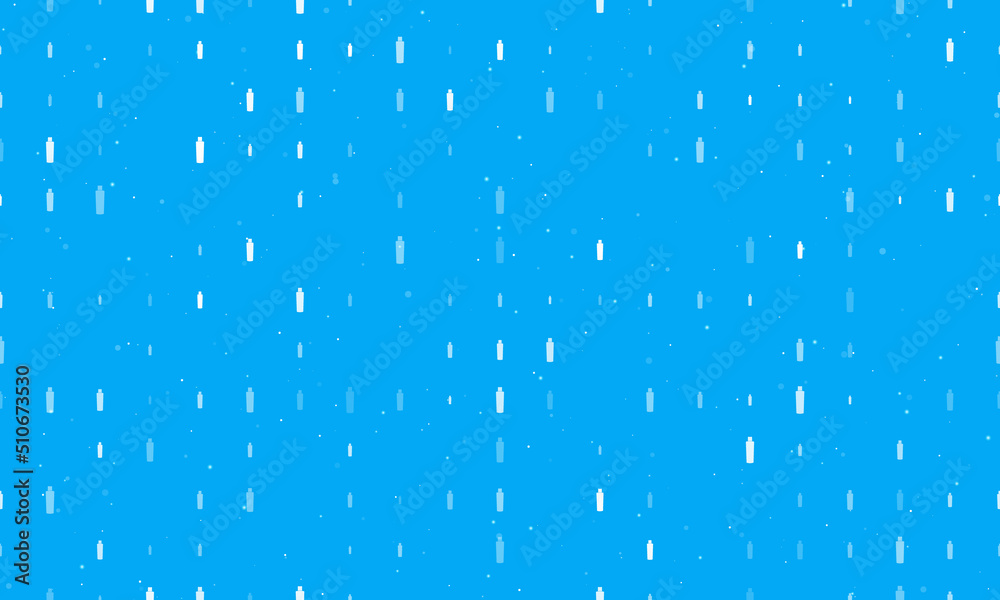 Seamless background pattern of evenly spaced white shampoo symbols of different sizes and opacity. Vector illustration on light blue background with stars