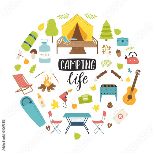 A set of hiking equipment for travel, picnic, camping, tourism. Round composition as a print on clothes, postcards, web design. Flat vector illustrations isolated on a white background.