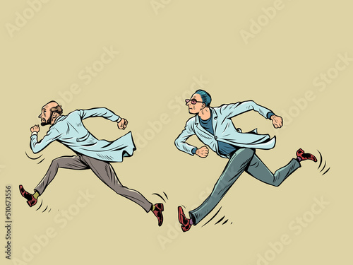 scientists run, scientific research. Doctors in white coats. Sports and health, anxiety and speed