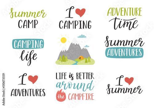 A set of handwritten phrases for summer, vacation, tourism, hiking, adventure, camping. Hand lettering and mountain landscape. Text element for cards, posters. Color flat vector illustration on white