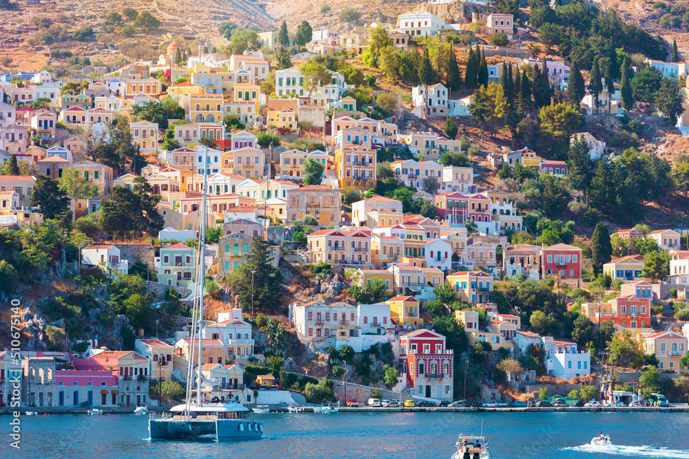 View of traditional colorful houses on Symi island, Greece, Dodecanese