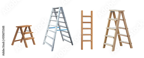 3d realistic vector icon illustration. Metal and wooden ladder in front and side view, isolated on white background.