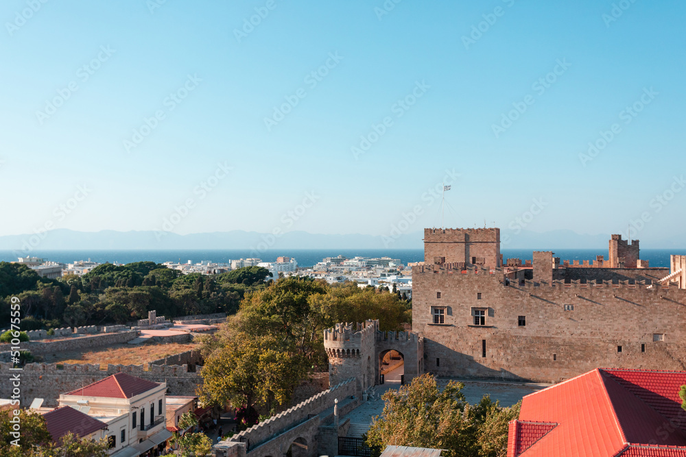 Panorama of the old city of Rhodes island, Greece.