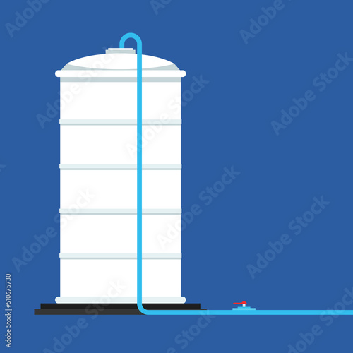 Water tank vector. Tap. free space for text. white water tank on blue background.