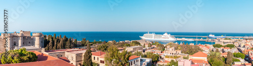 Big panorama of Rhodes old city with Rhodes Fortress, Greece