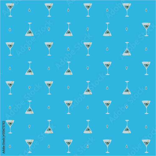 Martini glass with olive and skewer seamless pattern. Doodle style. Color hand drawn image. Repeat template. Party drinks concept. Freehand drawing. Cartoon sketch graphic draft