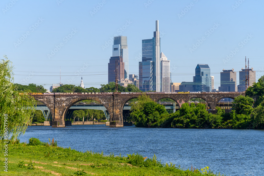 Philadelphia, PA USA 6-6-2022 Looking south to the Zoo Viaduct and the Skyline