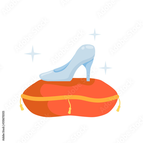 Crystal slipper on red pillow. Luxurious cushion, fabulous coronation. Glass shoes fairy tales.