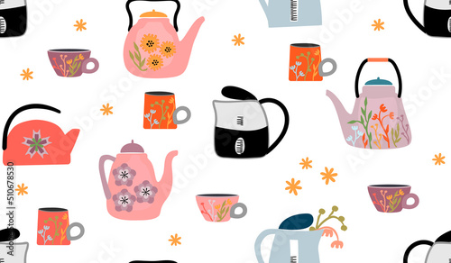 Seamless pattern with teapots and cups of various shapes decorated with floral elements.Colorful background and texture for printing on fabric and paper.Vector hand drawn isolated illustration.