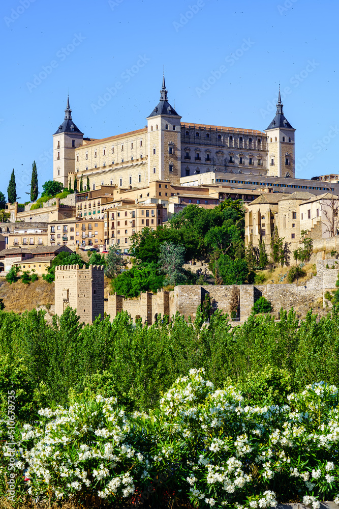 Skyline of the city of Toledo with its imposing Alcazar at the top of the hill.