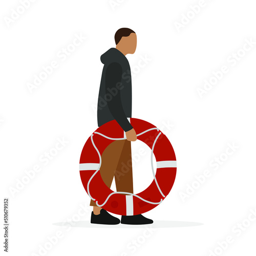 A male character with a lifebuoy in his hand stands on a white background