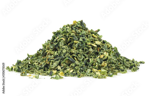 Pile of hot green dry jalapeno pepper isolated on a white background. Chopped jalapeno.