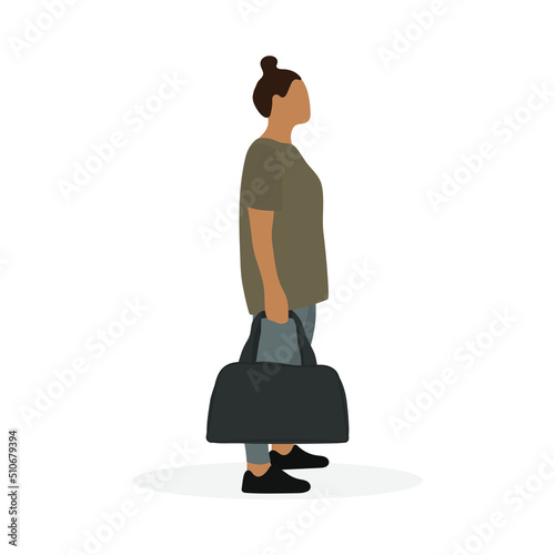 Fat female character in sportswear with a bag in hand standing on white background