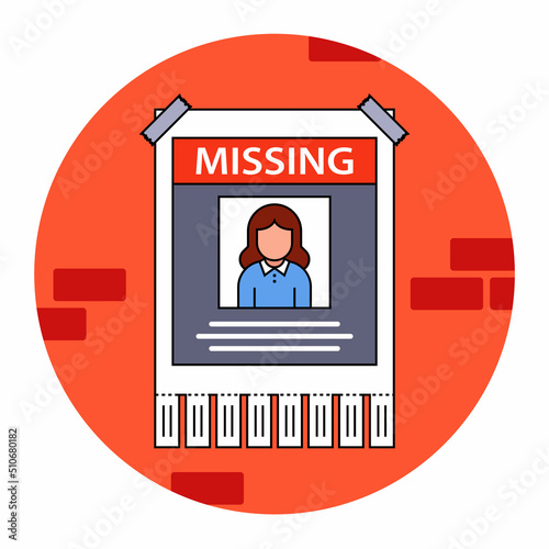 missing person announcement. flyer hanging on a brick wall. flat vector illustration.