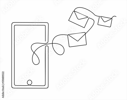 Smartphone and envelopes e mail list building illustration continuous one line art illustration. Can used for logo, emblem, slide show and banner. Illustration with quote template. 