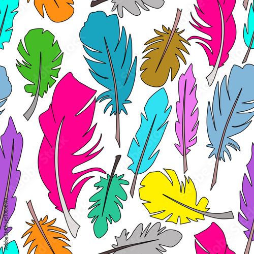 Seamless pattern with colorful feathers on white background