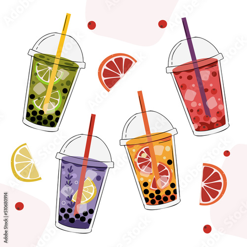 A set of takeaway bubble tea cups, lemonade