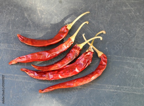 five red hot chili peppers with a grey background