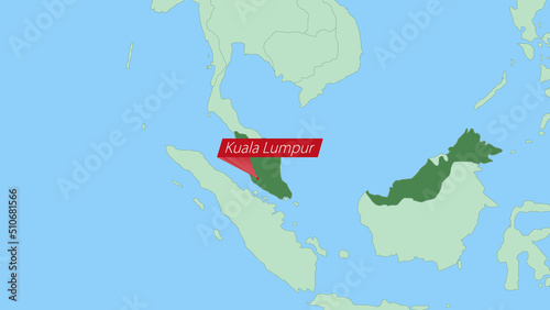 Photography Map of Malaysia with pin of country capital.