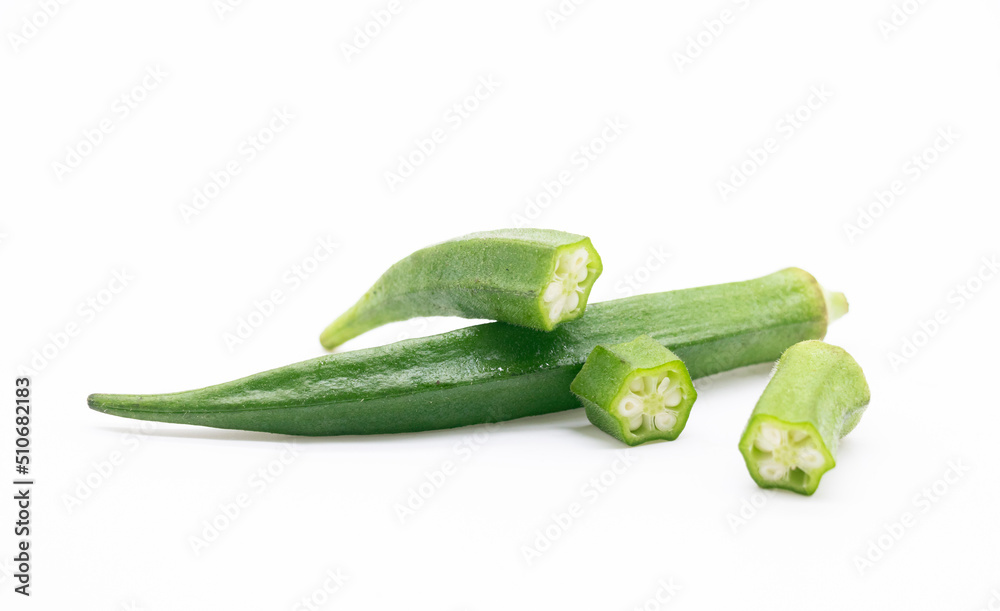whole and slices okra or Lady Finger over on white background, whole and slices okra or Lady Finger over on white background,