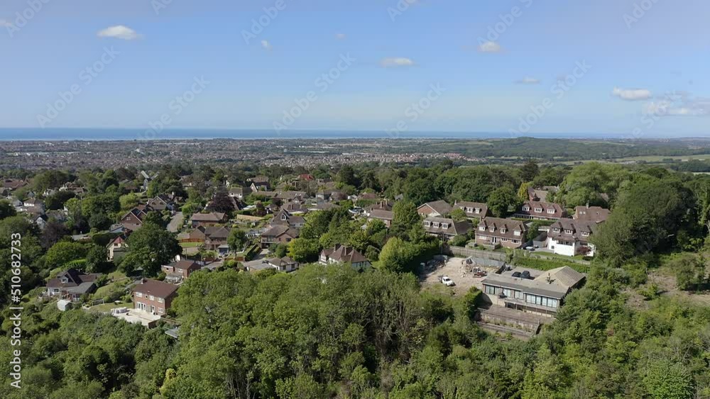 High Salvington set in the foothills of the South Downs with magnificent views over Worthing and along the the South coast of England in West Sussex, Aerial footage. High Salvington set in the foothills of the South Downs with magnificent views over Worthing and along the the South coast of England in West Sussex, Aerial footage.