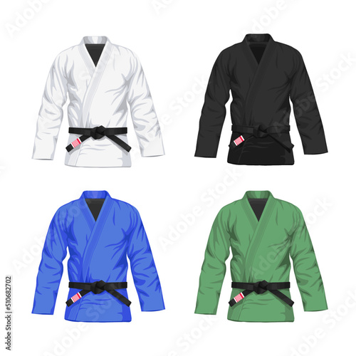Set of Bjj kimonos in different colors with black belt vector realistic illustration. White, black, green, blue BJJ gi with black belt. Isolated on white background.