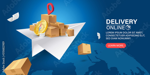 Worldwide parcel delivery illustration.Parcel boxes are on express delivery paper planes around the world.Online Order Tracking Home and office delivery service.City logistics. Warehouse, truck