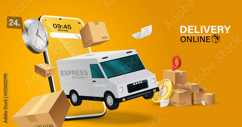 Illustration of online delivery service via mobile application.
Online Order Tracking Home and office delivery service.City logistics. Warehouse, truck, forklift, courier, delivery man, on mobile.