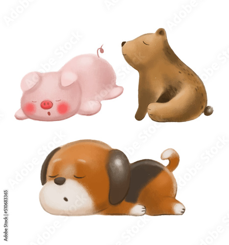 set of animals isolated pig dog bear watercolor