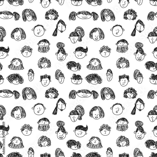 seamless pattern with peoples faces. black and white Sketch. Hand-drawn doodle style.. Line art. Different men and women. Cartoon characters. Vector illustration