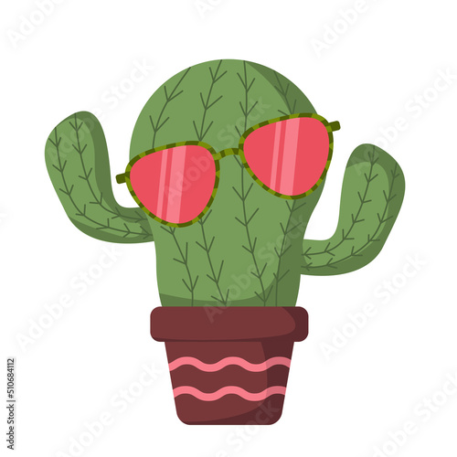 Green cactus in a pot and sunglasses in a flat style. Vector image.