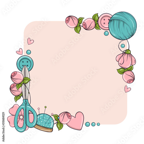 Square banner template for hand made, knitting, sewing. Frame with sewing and knitting attributes in doodle style.
