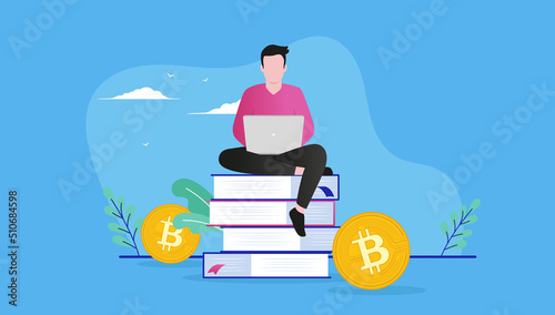 Learn about Bitcoin - Person sitting on books with laptop educating him self on cryptocurrencies